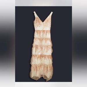 Marchesa Tan and Gold Tiered Ruffled Slip Dress